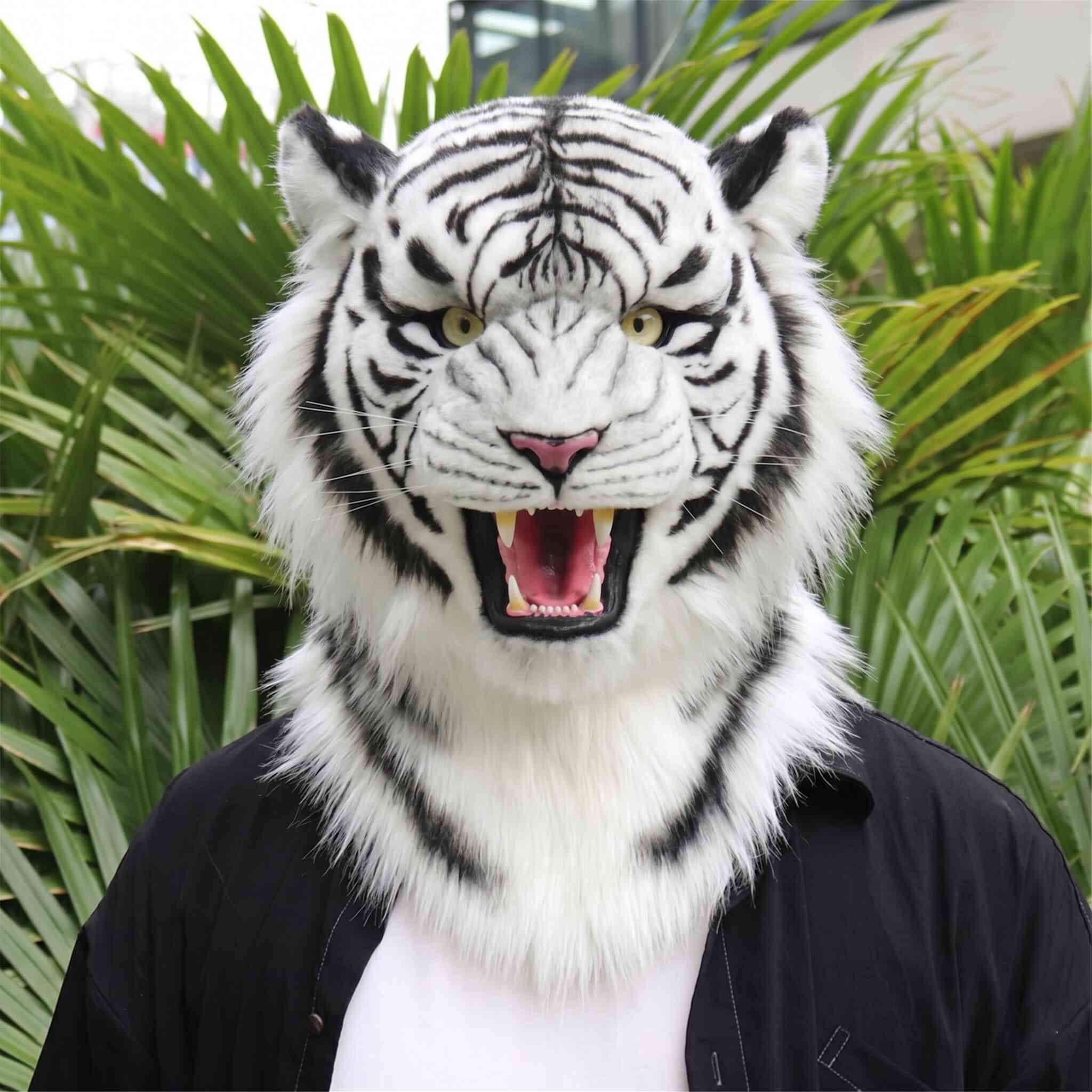 Realistic White Tiger Fursuit Head – Movable Jaw Animal Mask