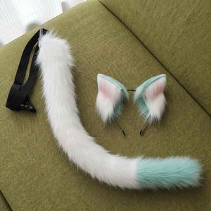Mintgrön och vit kattsvans och öron | Plyschig pälsad kostymtillbehör | Kemono Cosplay | Mjukt kattöronpannband Avtagbar svans Kawaii present