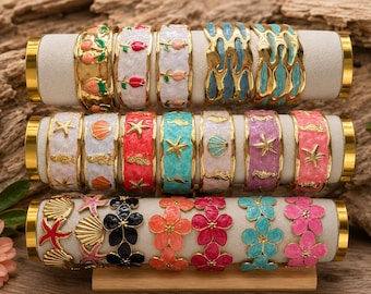 Bracciale rigido in acciaio inossidabile placcato oro con smalto | Fiore, conchiglia, stella marina | Bracciale regolabile da donna