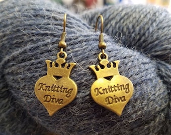 Knitting Earrings, Bronze Knitting Diva Charms