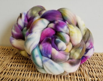 Roving Braid, Columbian-Rambouillet Handpaint Top, "Color Riot" 4 oz. Braid Hand Dyed, Purple, Green, Pink, White
