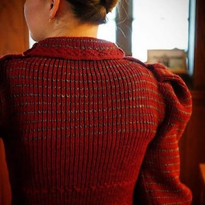 May include: A red knitted sweater with vertical ribbing and subtle gold stripes. The sweater features a collared neckline and puffed sleeves. The back view showcases the textured knit and the garment's overall design. The sweater is a warm, cozy garment.
