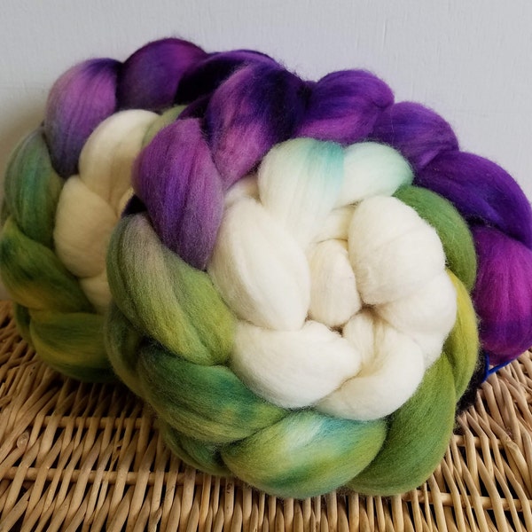 Roving Braid, Columbian Rambouillet Handpaint Top, "English Rose" 4 oz. Braid, Hand, Dyed, Purple, Green, White, Natural