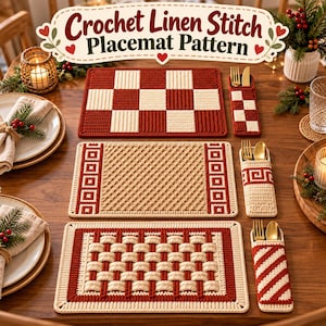 May include: Three rectangular crochet placemats and three matching cutlery holders. The top set features a red and white checkerboard pattern. The middle set has a tan centre with red and white geometric borders. The bottom set has a woven red and white design.