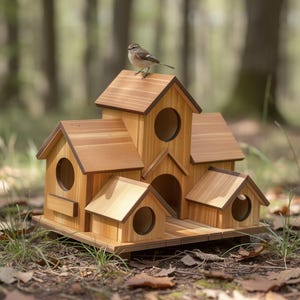Puede incluir: Una pajarera de madera con múltiples compartimentos con varias casas pequeñas y agujeros de entrada redondos. La pajarera está hecha de madera marrón claro y tiene un pájaro pequeño posado encima. La pajarera está situada al aire libre en un entorno natural.