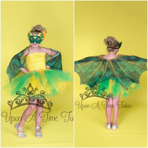 Green Yellow Dragon Costume, Girls Dinosaur Tutu Dress, Halloween Costume, Birthday Outfit, Kids Dragon Costume, Toddler Girl Costume Set