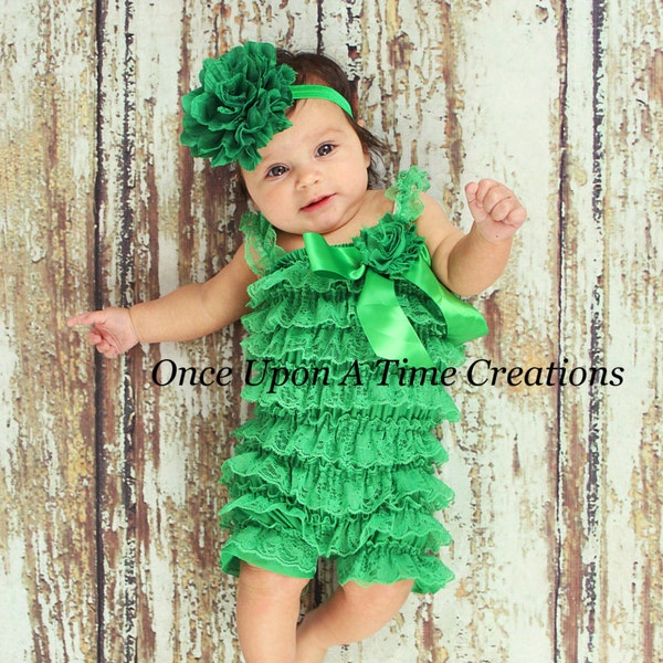 Green Lace Romper - Shabby Flower Embellished - Baby Girls Size Newborn 3 6 9 12 Months Christmas Green Winter Mardi Gras Photo Prop Outfit