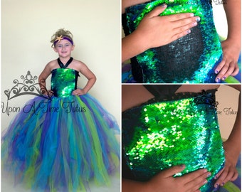 Mermaid Costume, Girls Tutu Dress, Mermaid Birthday Outfit, Kids Halloween Costume, Green Blue, Floor Length, Mermaid Princess, Child Size