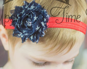 Navy White Stars Shabby Flower Red Headband - Independence Day Photo Prop - Newborn Infant Hairbow Baby Child Girls Hair Bow Fourth Of July