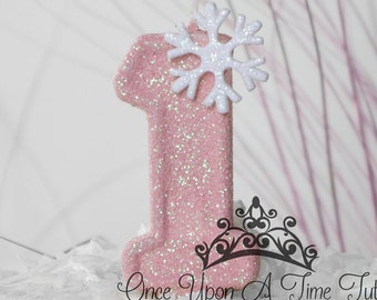 Pink Snowflake Birthday Candle, Winter Onederland Decor, White Glitter Candle, Sparkly Number Cake Topper, Keepsake Candle, Party Supplies