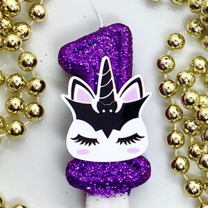 Gruselige Einhorn-Geburtstagskerze, lila schwarze Fledermaus-Geburtstagsfeier, Partyzubehör für Mädchen, glitzernde Kerze, glitzernde Zahl, Kuchendekoration, Kinder-Andenken