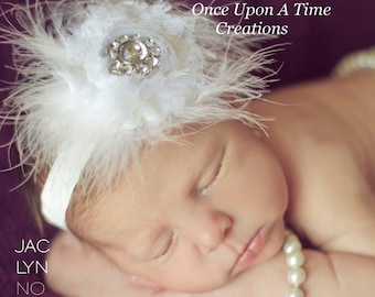 White Feather Headband, Baby Girl Headband, Infant Headband, Newborn Headband, Flower Headband, Baptism Headband, Marabou Hair Bow, Swan