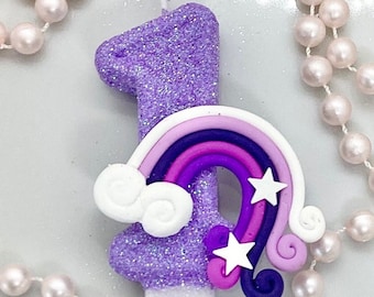 Rainbow Birthday Candle, Kids Purple Party Decor, Girls Rainbow Party Decor, Sparkly Number Cake Topper, One Keepsake Candle, Party Supplies