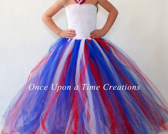 Red White Blue Tutu Dress, Patriotic Dress, 4th of July, Girls American Flag Dress, Kids Halloween Costume, Floor Length, Long Tulle Gown