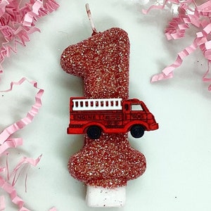 Firetruck Birthday Candle, Fire Truck Party Decor, Firefighter, One, Sparkly Number Cake Topper, Keepsake Candle, Party Supplies, Boys image 1