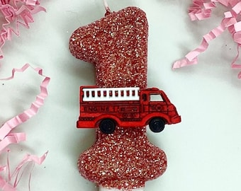 Firetruck Birthday Candle, Fire Truck Party Decor, Firefighter, One, Sparkly Number Cake Topper, Keepsake Candle, Party Supplies, Boys