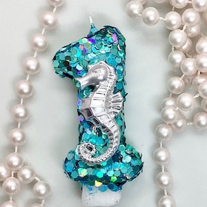 Seahorse Birthday Candle, Ocean Party Decor, Girls Glitter Birthday Candle, Sparkly Number Cake Topper, Keepsake Candle, Kids Party Supplies