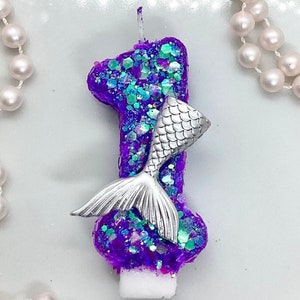 Mermaid Birthday Candle, Mermaid Party Decor, Purple Glitter Birthday Candle, Sparkly Number Cake Topper, Keepsake Candle, Party Supplies