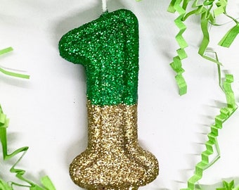 Green Gold Birthday Candle, Custom Party Decor, St Patricks Day, First Birthday, Sparkly Number Cake Topper, Keepsake Candle, Party Supplies