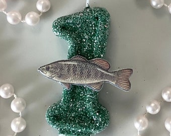 Fish Birthday Candle, Fishing Party Decor, Little Boys Birthday, Sparkly Number Cake Topper, Keepsake Candle, Party Supplies, Men’s Birthday