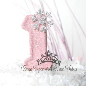 Pink Snowflake Birthday Candle, Winter Onederland Decor, Silver Glitter Candle, Sparkly Number Cake Topper, Keepsake Candle, Party Supplies
