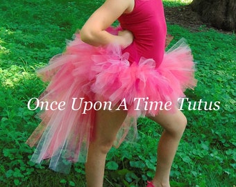 May include: A young girl wearing a pink tutu with a pink feather headband. The tutu is a high-low style with a longer back and shorter front. The girl is standing in a grassy area with trees in the background. The text "Once Upon A Time Tutus" is visible in the image.