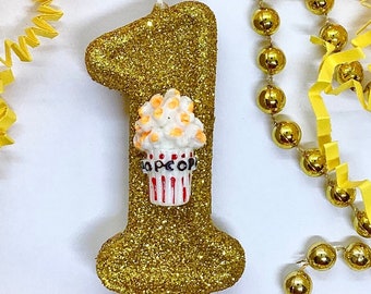 Popcorn Birthday Candle, Movie Theater Decor, Custom, One Sparkly Number Cake Topper, Boy Keepsake Candle, Kids Party Supplies, Circus Food