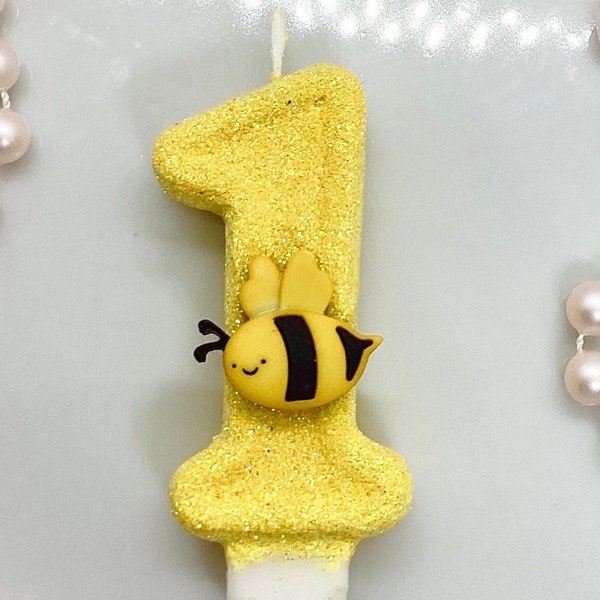 Bee Birthday Candle, Bumblebee Party Decor, Bumble Bee Party Decor, Sparkly Number Cake Topper, Keepsake Candle, Party Supplies, Bee Candle