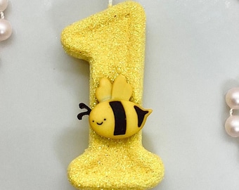 Bee Birthday Candle, Bumblebee Party Decor, Bumble Bee Party Decor, Sparkly Number Cake Topper, Keepsake Candle, Party Supplies, Bee Candle