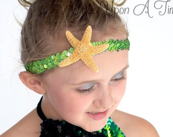 Starfish Headband, Under The Sea, Green Starfish Headband, Mermaid Birthday, Costume Hair Piece, Little Girls Accessory, Sequin Hair Band