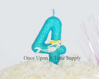 Aqua Blue Glitter Mermaid Turquoise Teal Birthday Candle - Birthday Supplies Photo Prop Sparkly Sparkle Cake Topper Keepsake - Standard Size