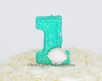 Sea Foam Green Glitter Mermaid Shell Birthday Candle - Birthday Supplies Photo Prop Sparkly Sparkle Cake Topper Keepsake - Standard Size