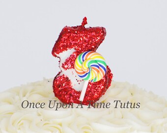 Red Candy Glitter Birthday Candle - Lollipop Birthday Party Decor Supplies Photo Prop Sparkly Sparkle Cake Topper Keepsake - Standard Size