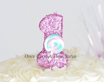 Cotton Candy Glitter Birthday Candle - Lollipop Birthday Party Decor Supplies Photo Prop Sparkly Sparkle Cake Topper Keepsake Standard Size