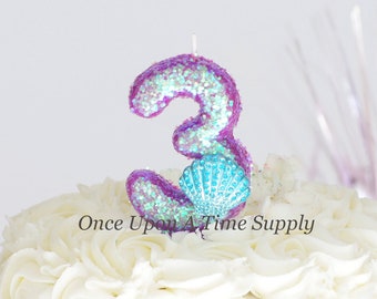 Iridescent Purple Glitter Mermaid Shell Birthday Candle - Birthday Supplies Photo Prop Sparkly Sparkle Cake Topper Keepsake - Standard Size