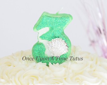 Green Glitter Mermaid Shell Birthday Candle - Birthday Party Decor Supplies Photo Prop Sparkly Sparkle Cake Topper Keepsake - Standard Size