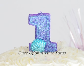 Mermaid Purple Glitter Blue Shell Birthday Candle - Birthday Supplies Photo Prop Sparkly Sparkle Cake Topper Keepsake - Standard Size