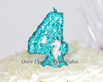 Teal Under The Sea Glitter Seahorse Birthday Candle - Birthday Party Decor Supplies Sparkly Sparkle Cake Topper Keepsake - Standard Size