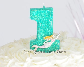 Sea Foam Green Glitter Mermaid Mint Pink Birthday Candle - Birthday Supplies Photo Prop Sparkly Sparkle Cake Topper Keepsake - Standard Size