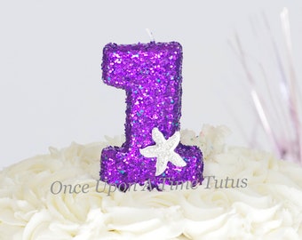 Purple Blue Starfish Glitter Birthday Candle - Birthday Party Decor Supplies Photo Prop Sparkly Sparkle Cake Topper Keepsake - Standard Size