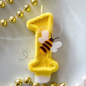 Bee Birthday Candle, Bumblebee Party Decor, Bumble Bee Party Decor, Sparkly Number Cake Topper, Keepsake Candle, Party Supplies, Bee Candle image 1