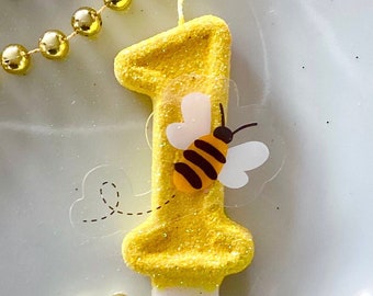 Bee Birthday Candle, Bumblebee Party Decor, Bumble Bee Party Decor, Sparkly Number Cake Topper, Keepsake Candle, Party Supplies, Bee Candle