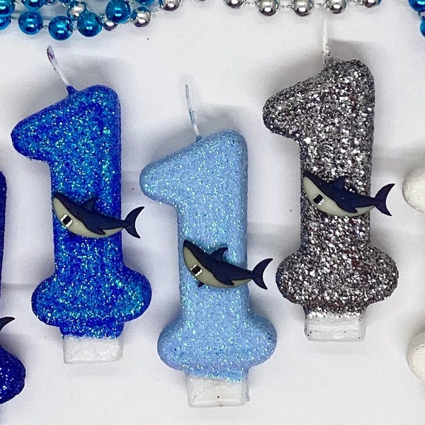Shark Birthday Candle, Under The Sea Party Decor, Blue Glitter Candle, Sparkly Number Cake Topper, Keepsake Candle, Boys Party Supplies