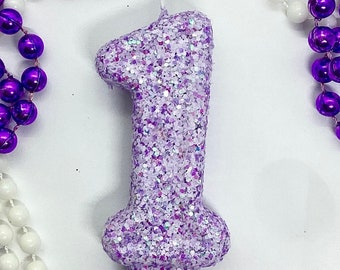 Iridescent Lavender Birthday Candle, Mermaid Party Decor, One, Glitter Candle, Sparkly Number Cake Topper, Keepsake Candle, Party Supplies