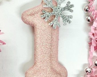 Pink Snowflake Birthday Candle, Winter Onederland Decor, Silver Glitter Candle, Sparkly Number Cake Topper, Keepsake Candle, Party Supplies