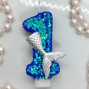 Mermaid Birthday Candle, Mermaid Party Decor, Ocean Blue Glitter Birthday Candle, Sparkly Number Cake Topper, Keepsake Candle, Party Supply