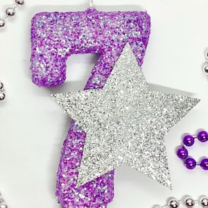 Purple Silver Star Birthday Candle, Girls Space Decor, Galaxy Party, Large Sparkly Number Cake Topper, Keepsake Candle, Party Supplies