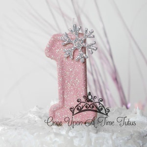 Pink Snowflake Birthday Candle, Winter Onederland Decor, Silver Glitter Candle, Sparkly Number Cake Topper, Keepsake Candle, Party Supplies