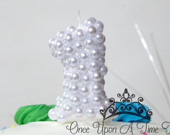 White Pearl Birthday Candle, Fancy Party Decor, One Custom Kids Glitter Candle, Sparkly Number Cake Topper, Keepsake Candle, Party Supplies