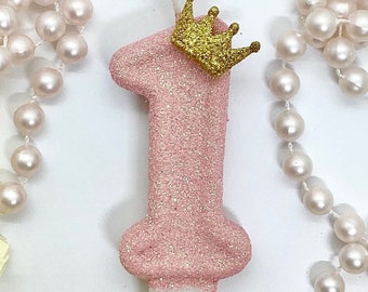 Princess Birthday Candle, Pink Glitter Candle, Gold Tiara, Crown Party Decor, Sparkly Number Cake Topper, Keepsake Candle, Party Supplies